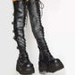 Women's Lace Up Leather Thigh High Platform Boots