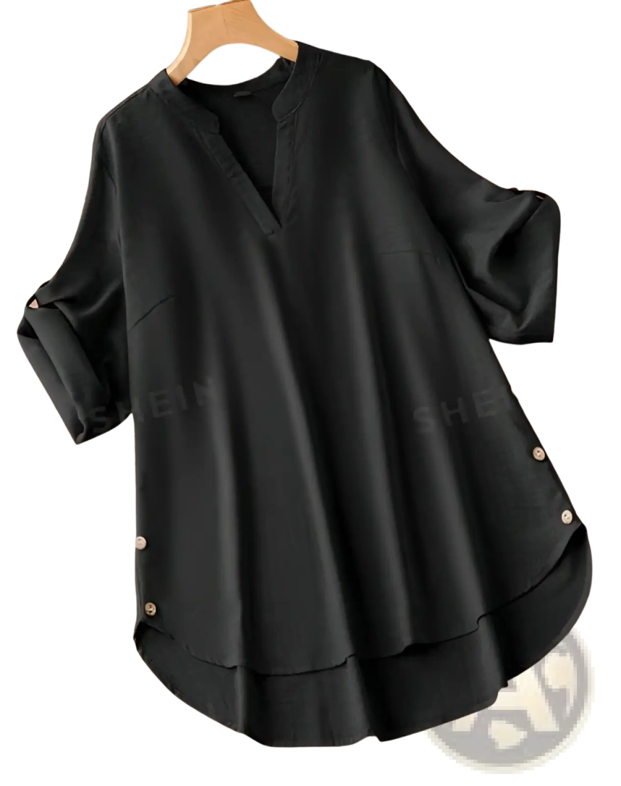 Plus Notched Neck Roll Sleeve High Low Blouse