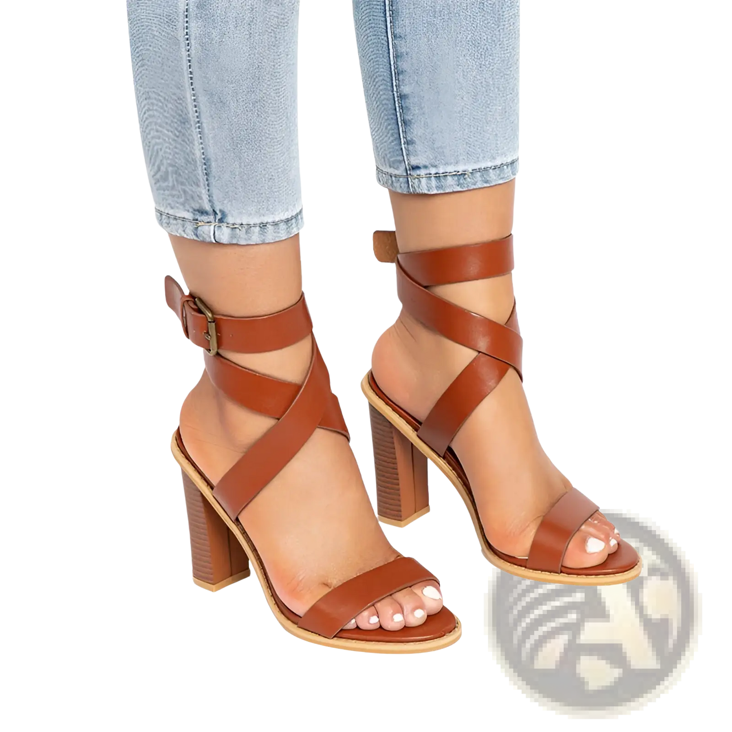 Plus Size Brown Leather Block Heel Strappy Sandals