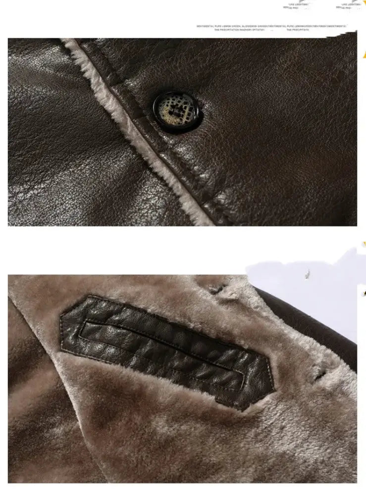 Men's Leather Long Coat with Plush Fleece Lapel