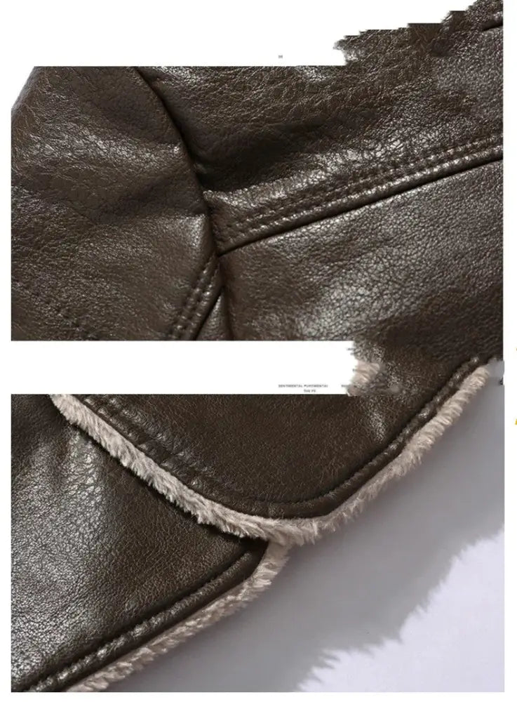 Men's Leather Long Coat with Plush Fleece Lapel
