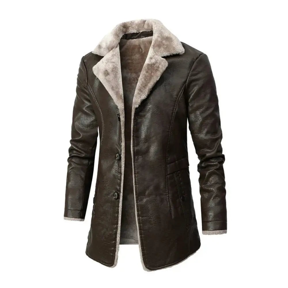Men's Leather Long Coat with Plush Fleece Lapel
