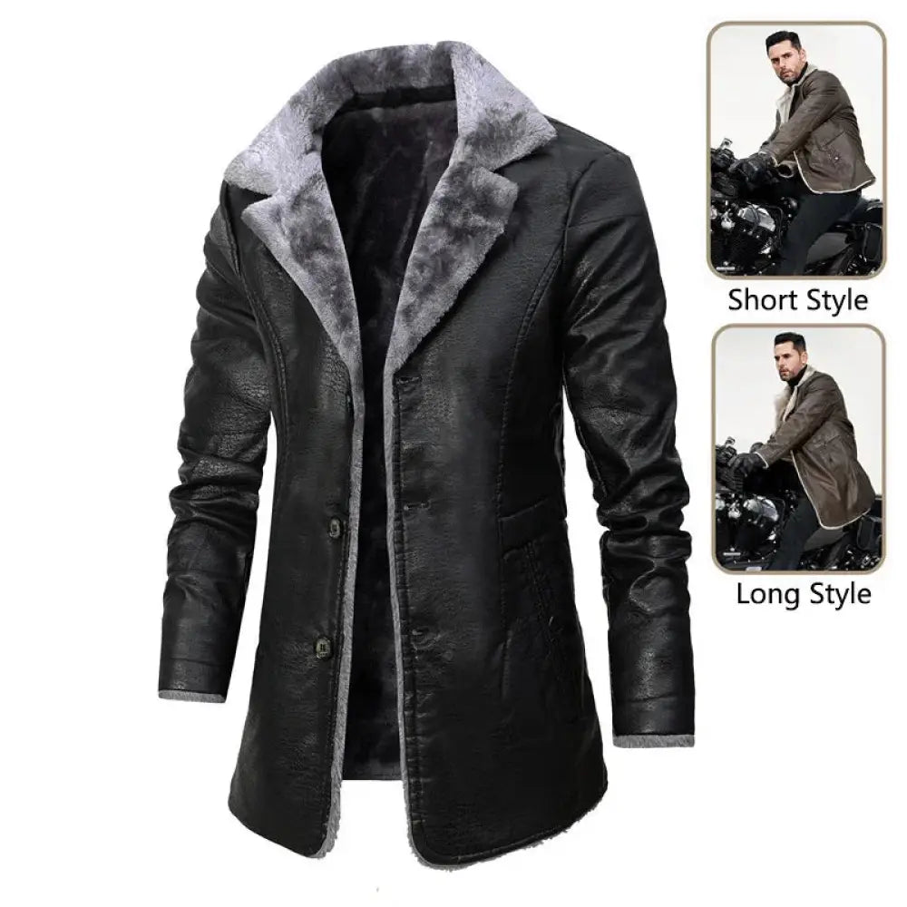 Men's Leather Long Coat with Plush Fleece Lapel