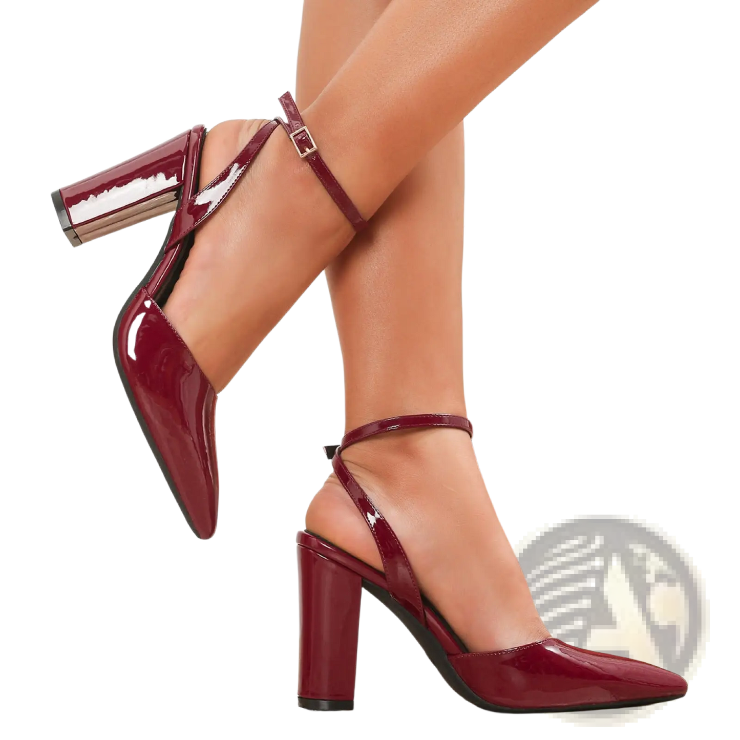 Pointed Toe Ankle Strap Chunky Heel Pumps