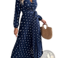 Polka Dot Pleated v Neck Long Sleeve Maxi Dress