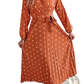 Polka Dot Pleated v Neck Long Sleeve Maxi Dress