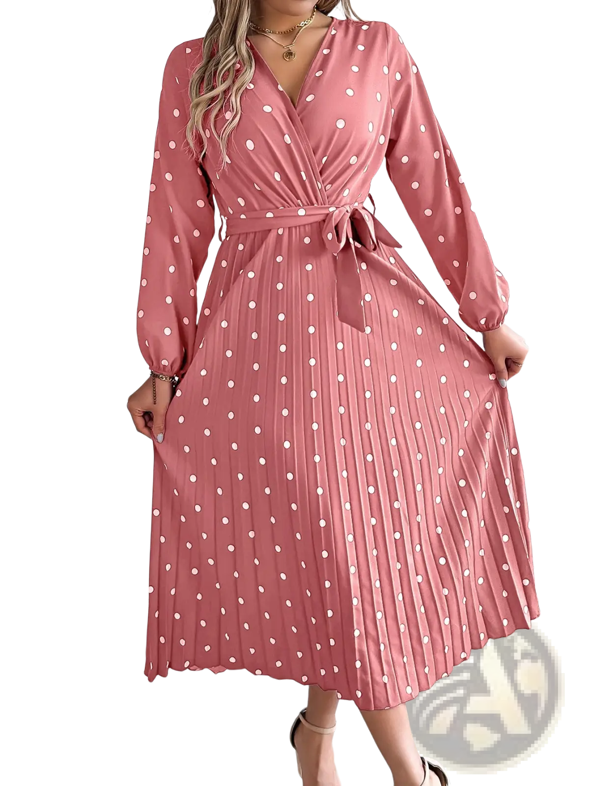 Polka Dot Pleated v Neck Long Sleeve Maxi Dress
