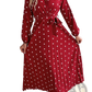 Polka Dot Pleated v Neck Long Sleeve Maxi Dress