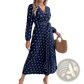 Polka Dot Pleated v Neck Long Sleeve Maxi Dress