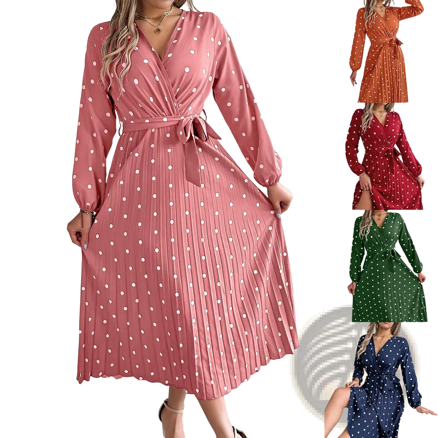 Polka Dot Pleated v Neck Long Sleeve Maxi Dress