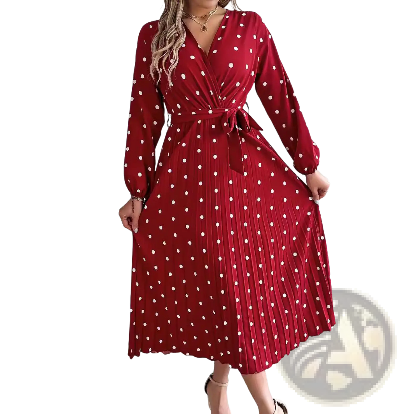 Polka Dot Pleated v Neck Long Sleeve Maxi Dress