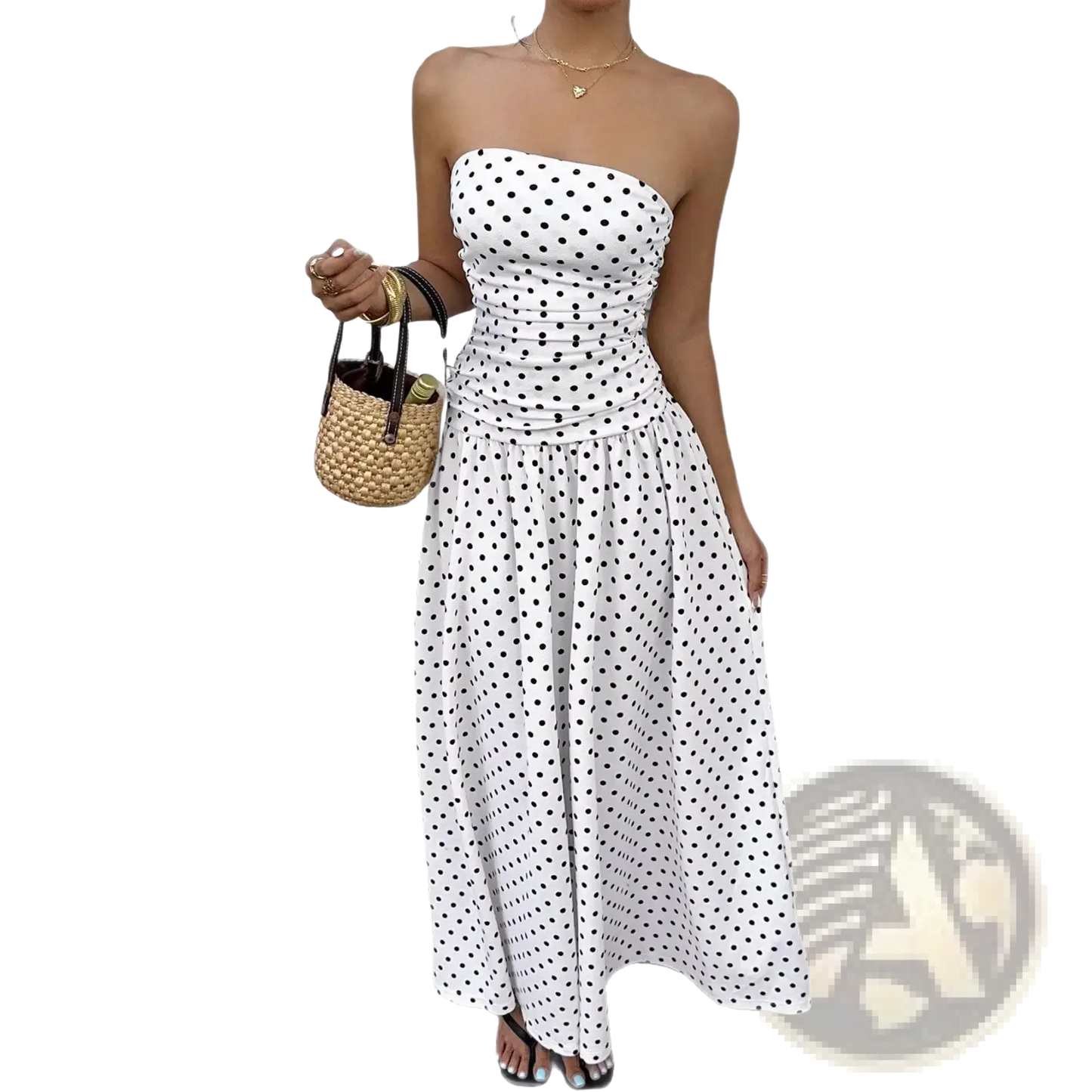 Polka Dot off Shoulder Strapless Maxi Dress