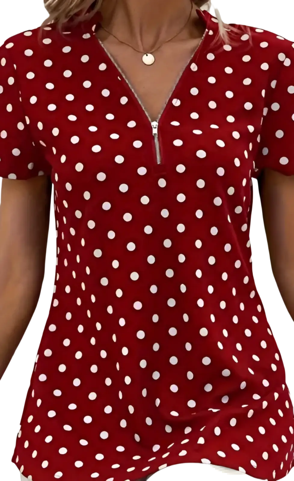 Polka Dot v Neck Zipper Front Short Sleeve Blouse
