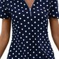 Polka Dot v Neck Zipper Front Short Sleeve Blouse