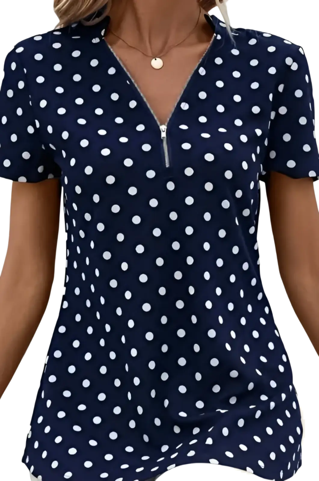 Polka Dot v Neck Zipper Front Short Sleeve Blouse