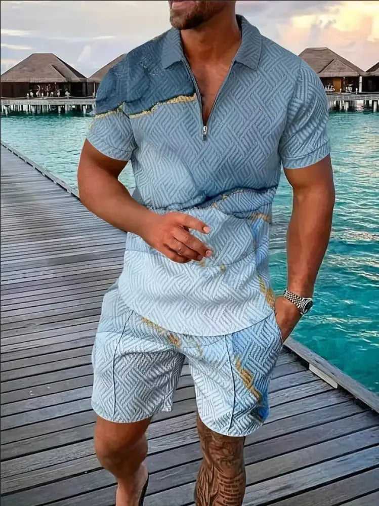 Men's Geometric Pattern Polo and Shorts Performance Set