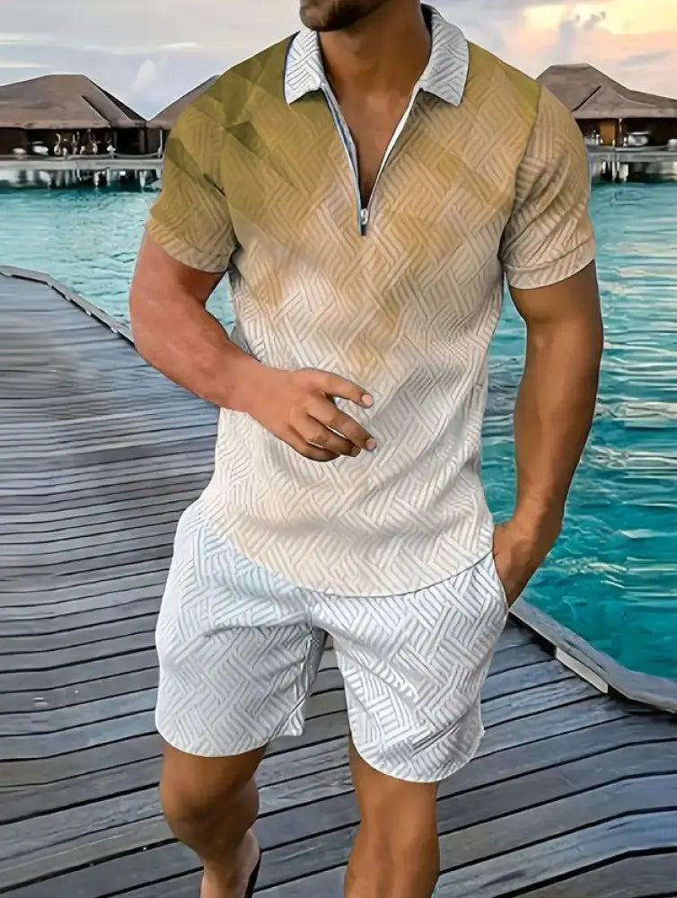 Men's Geometric Pattern Polo and Shorts Performance Set