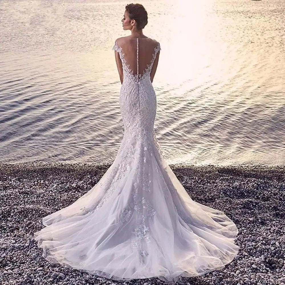 Lace Mermaid Off-the-shoulder Backless Wedding Dress with Train
