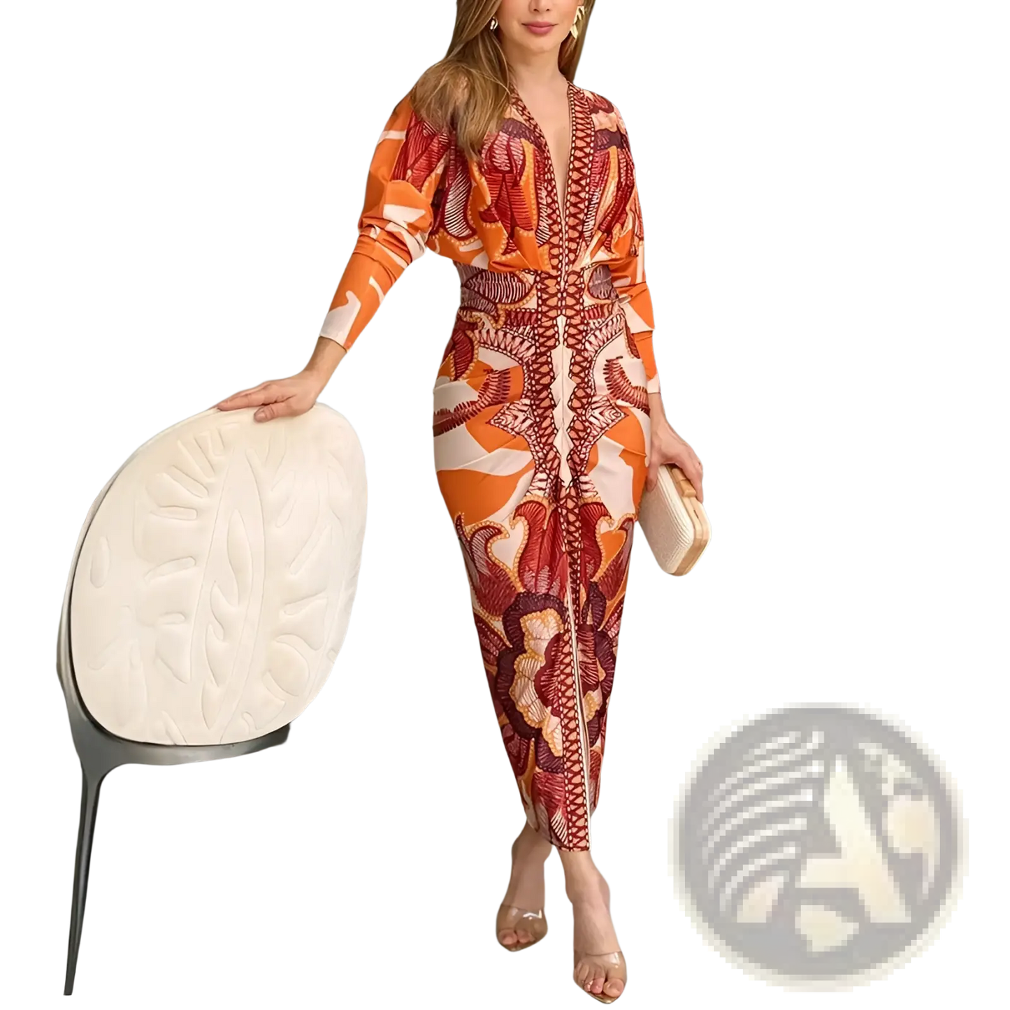 Printed V-neck Geometric Wrap Midi Dress