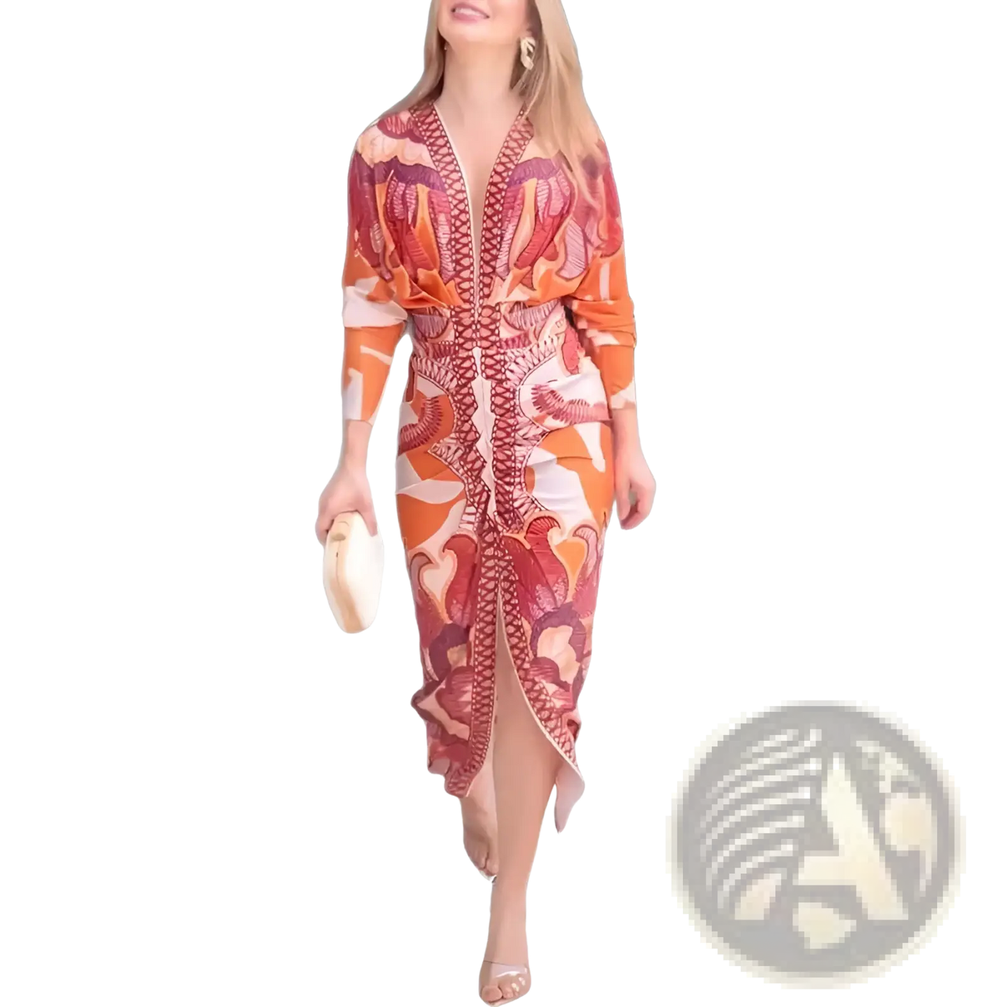 Printed V-neck Geometric Wrap Midi Dress