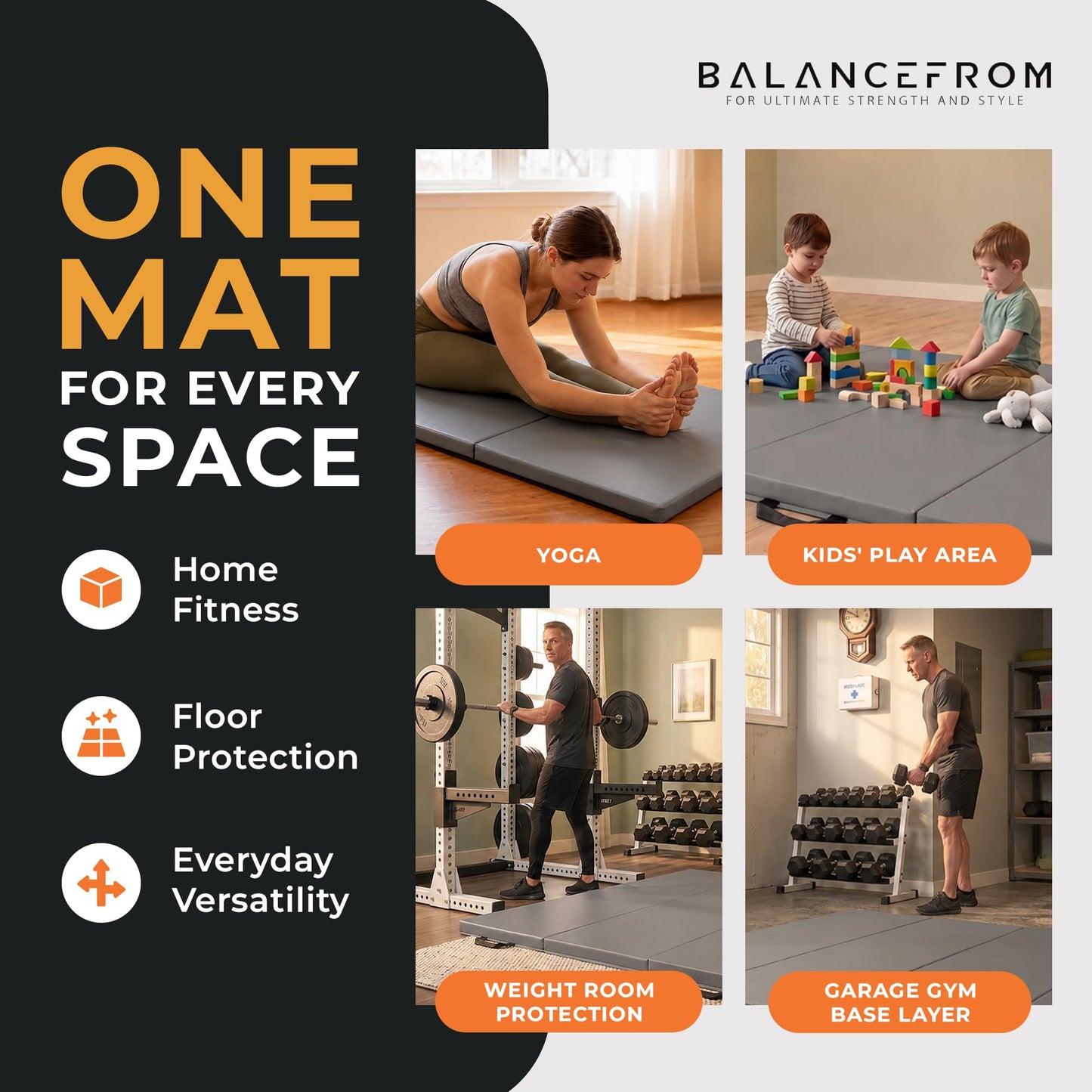 BalanceFrom Fitness 120 x 48" All Purpose Folding Gymnastics Exercise Mat, Black