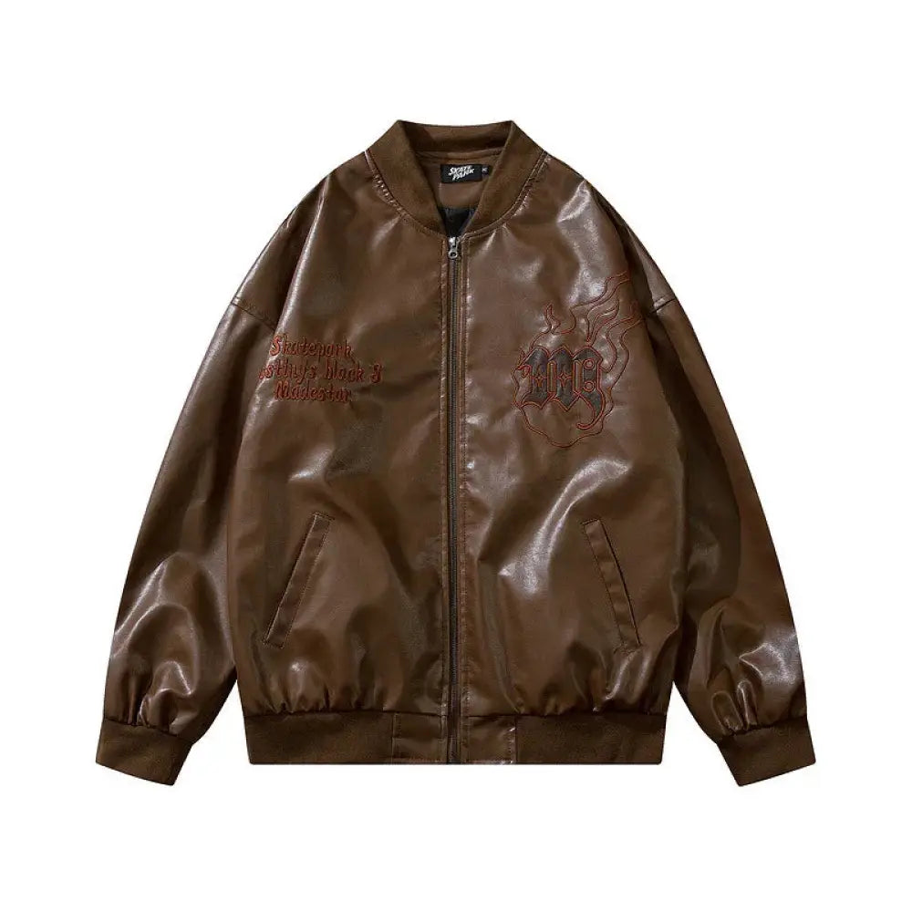 Unisex Maidestar Embroidered Oversized Faux Leather Varsity Jacket