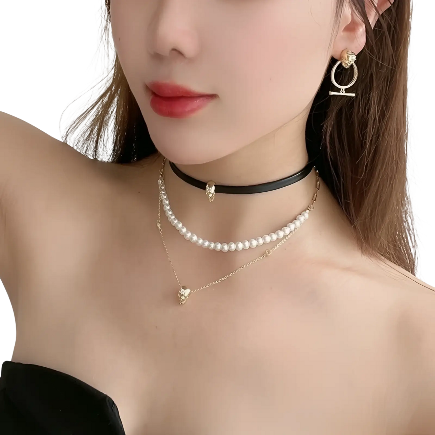 Punk Zirconium Skull Y-shaped Pearl Necklace Set
