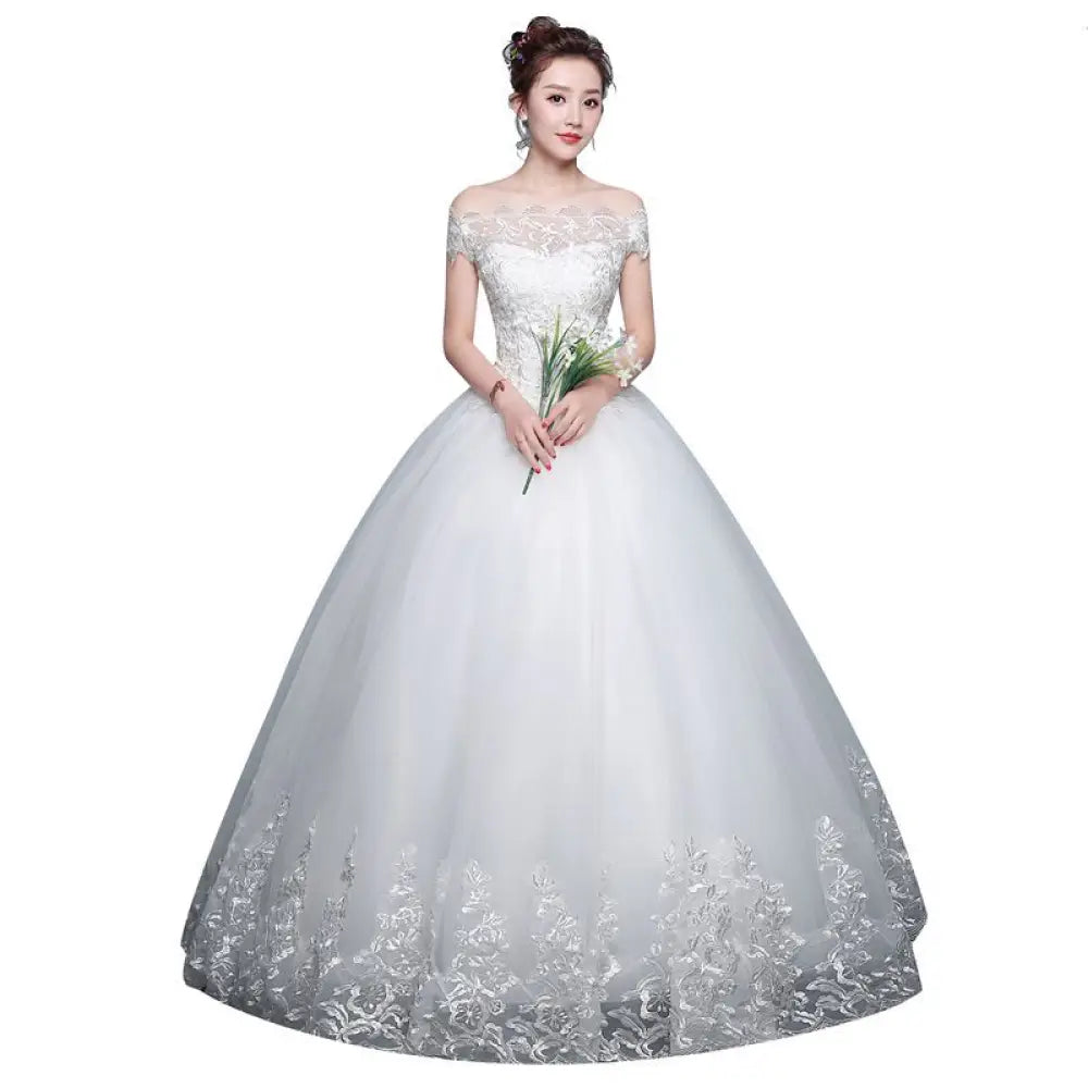 Qidi Lace off the Shoulder Tulle Ball Gown Wedding Dress
