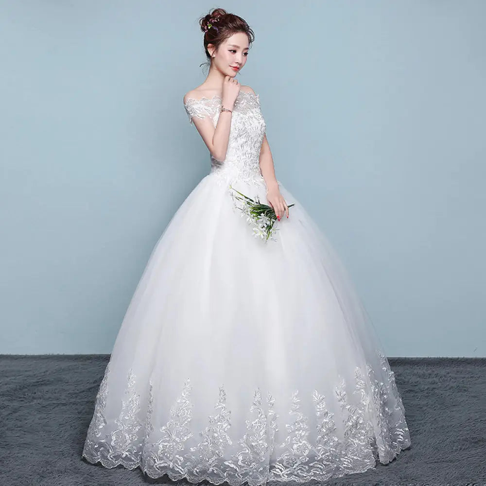 Qidi Lace off the Shoulder Tulle Ball Gown Wedding Dress