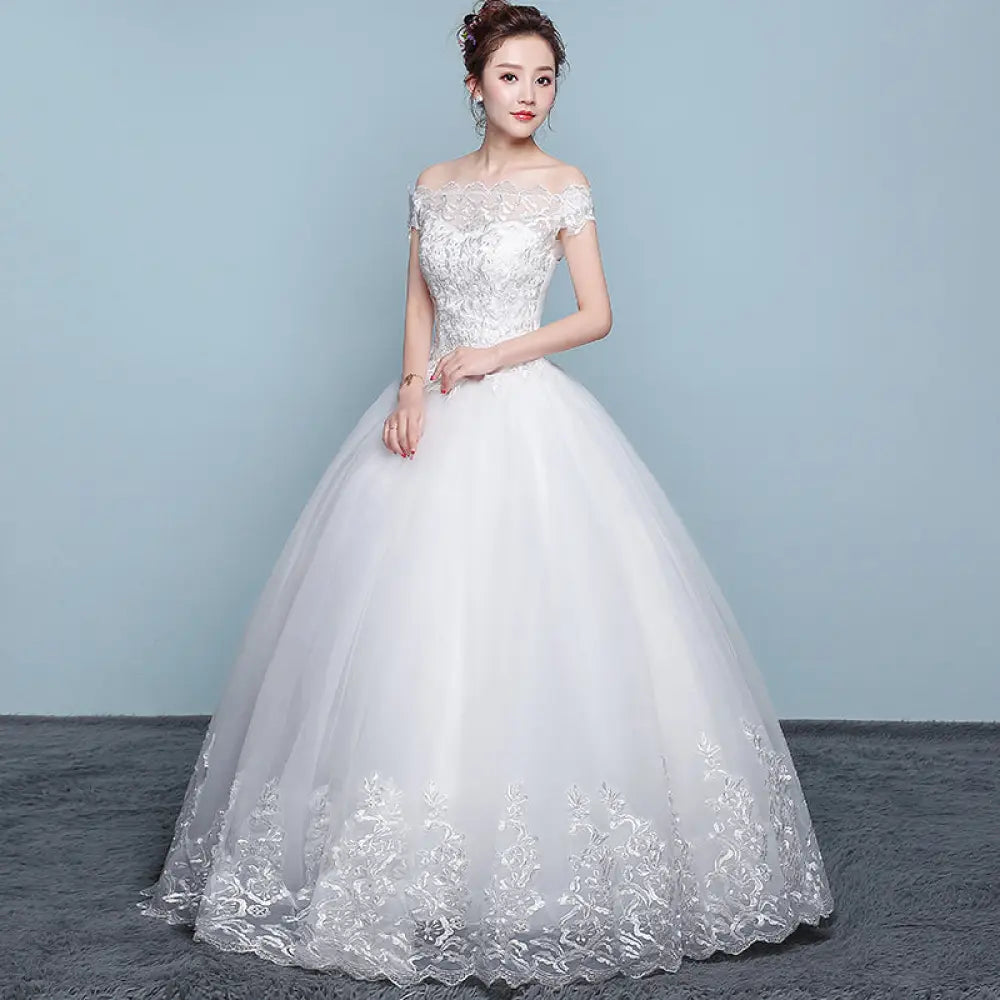 Qidi Lace off the Shoulder Tulle Ball Gown Wedding Dress
