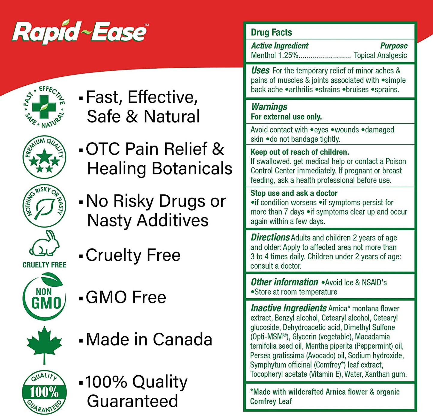 Rapid-Ease Pain Relief Cream - For Sprain, Strains, Muscle 7 Joint Pain - Menthol, Arnica & Comfrey Leaf