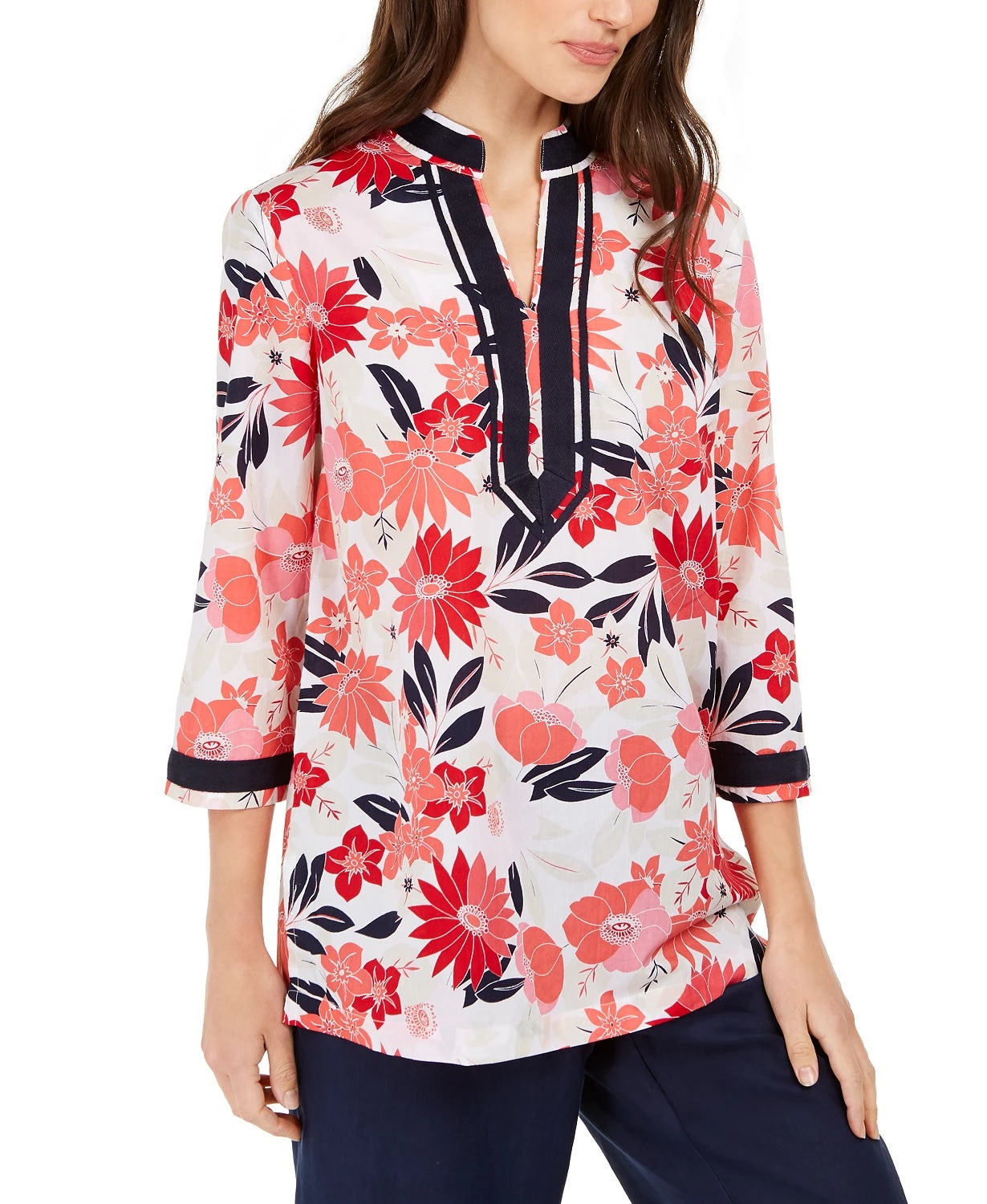 Charter Club Women's Contrast-Trim Printed Linen-Blend Top Red Size Small