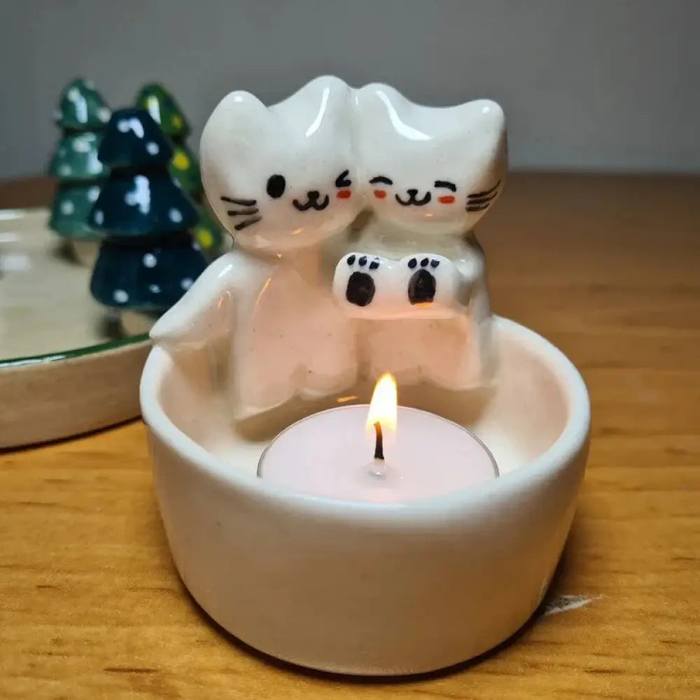 Handcrafted Cuddling Kittens Ceramic Candle Holder