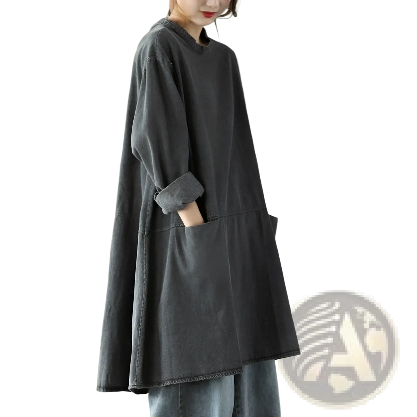 Retro Artistic Plus Size Dark Gray Denim Tunic Dress