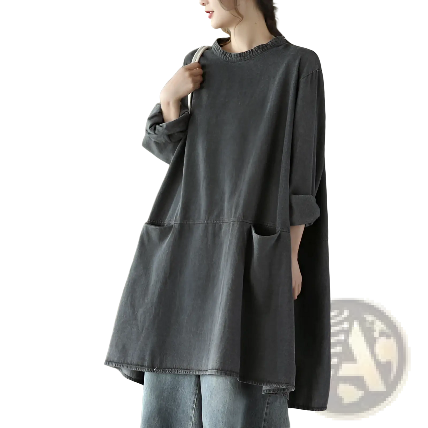 Retro Artistic Plus Size Dark Gray Denim Tunic Dress