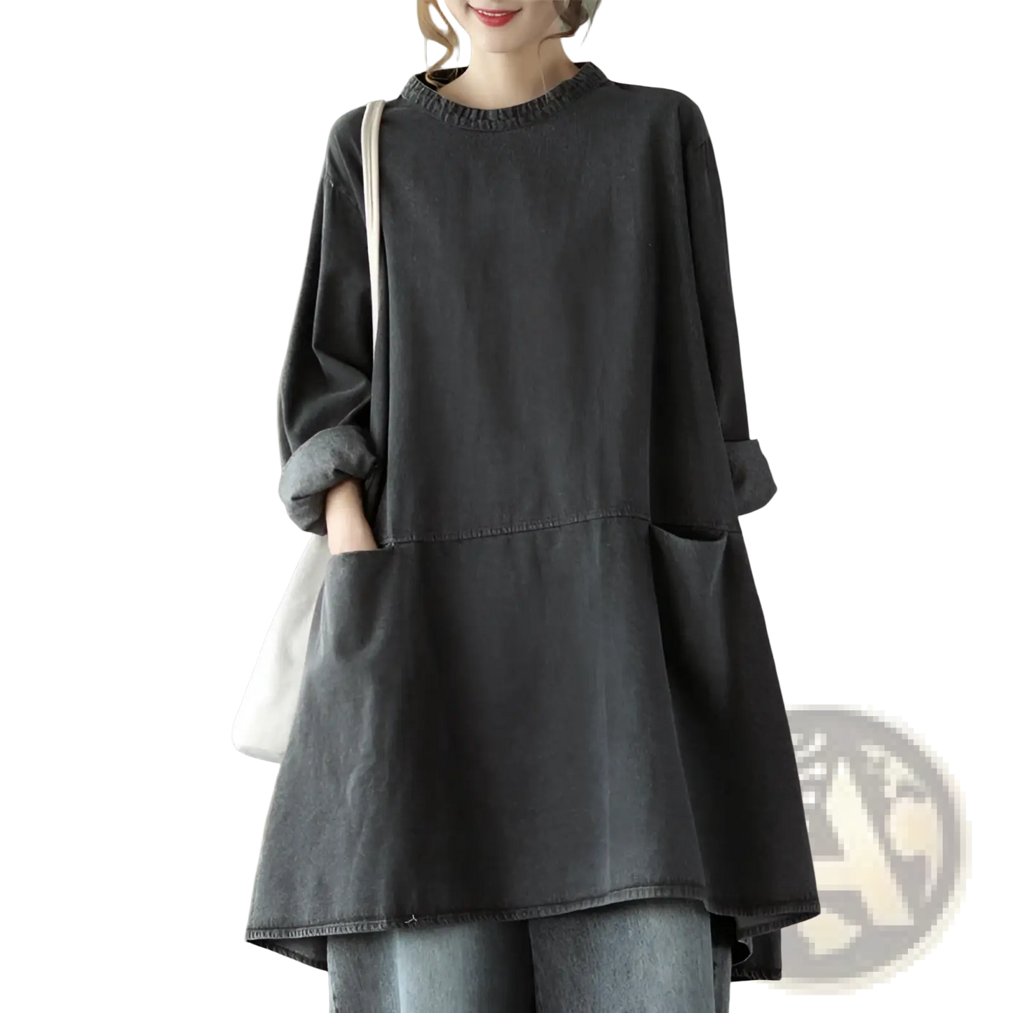 Retro Artistic Plus Size Dark Gray Denim Tunic Dress