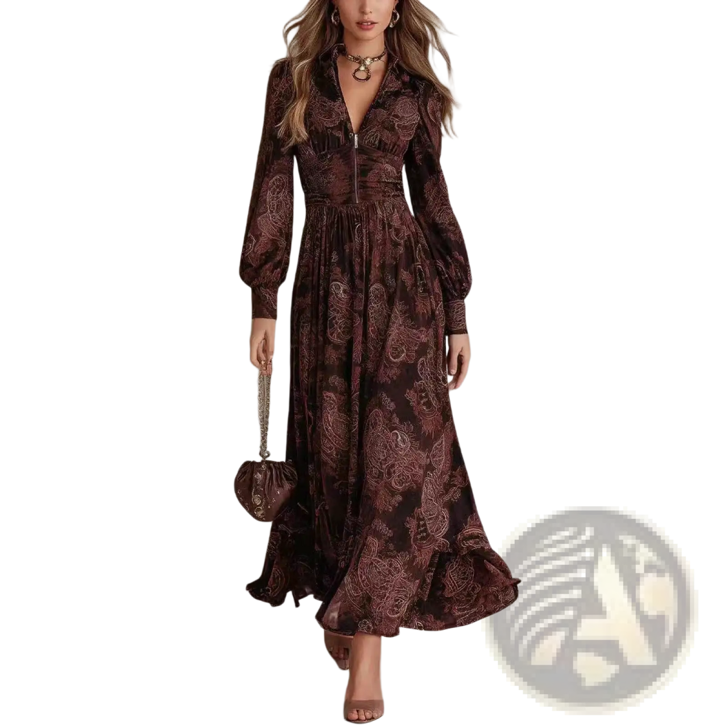 Retro Paisley Print Long Sleeve Maxi Dress