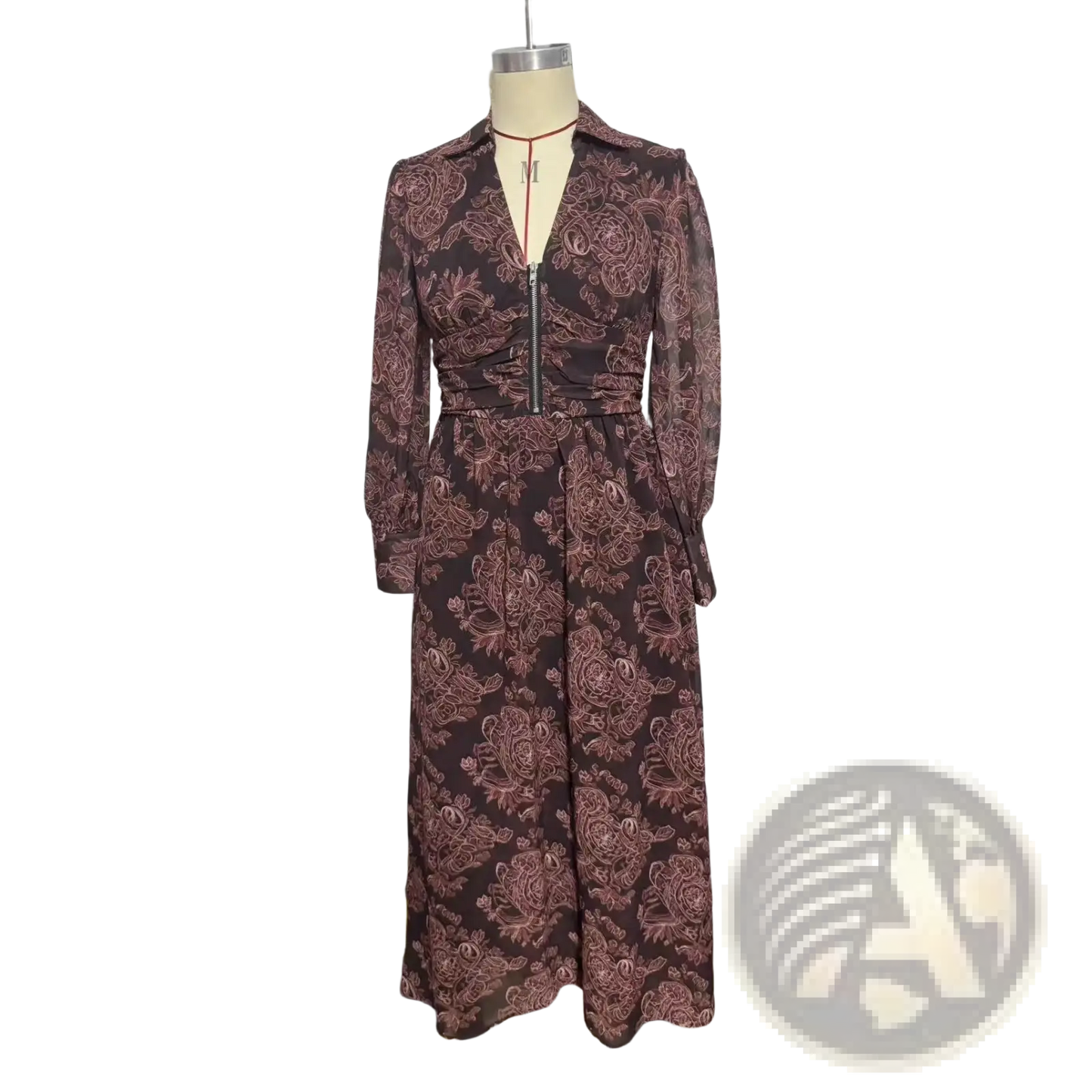 Retro Paisley Print Long Sleeve Maxi Dress