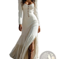 Retro Western Buttoned Front Maxi Dress with High Slit
