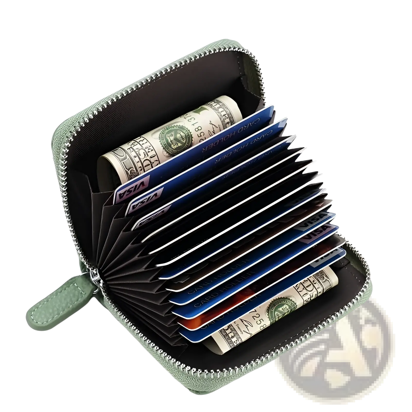 Rfid Leather Card Wallet with Zipper Coin Pocket Sage Green