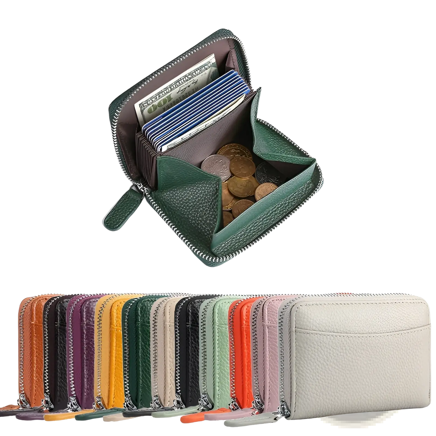 Rfid Leather Card Wallet with Zipper Coin Pocket Sage Green