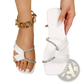 Rhinestone Flat Sandals White Satin Square Toe Shoes