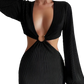 Ribbed Cutout Long Sleeve High Slit Maxi Dress
