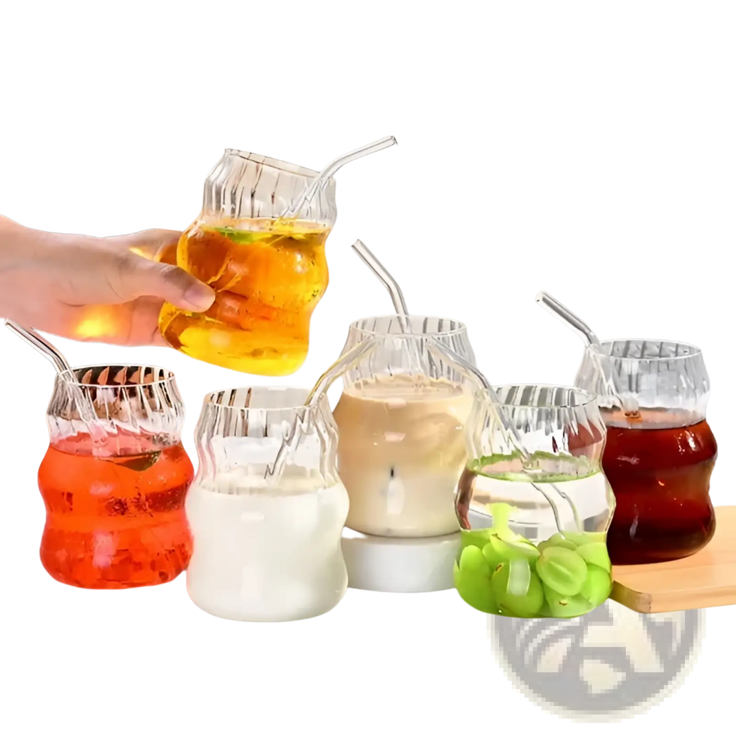 Ribbed Glass Cups with Straws 6 Piece 19oz Set