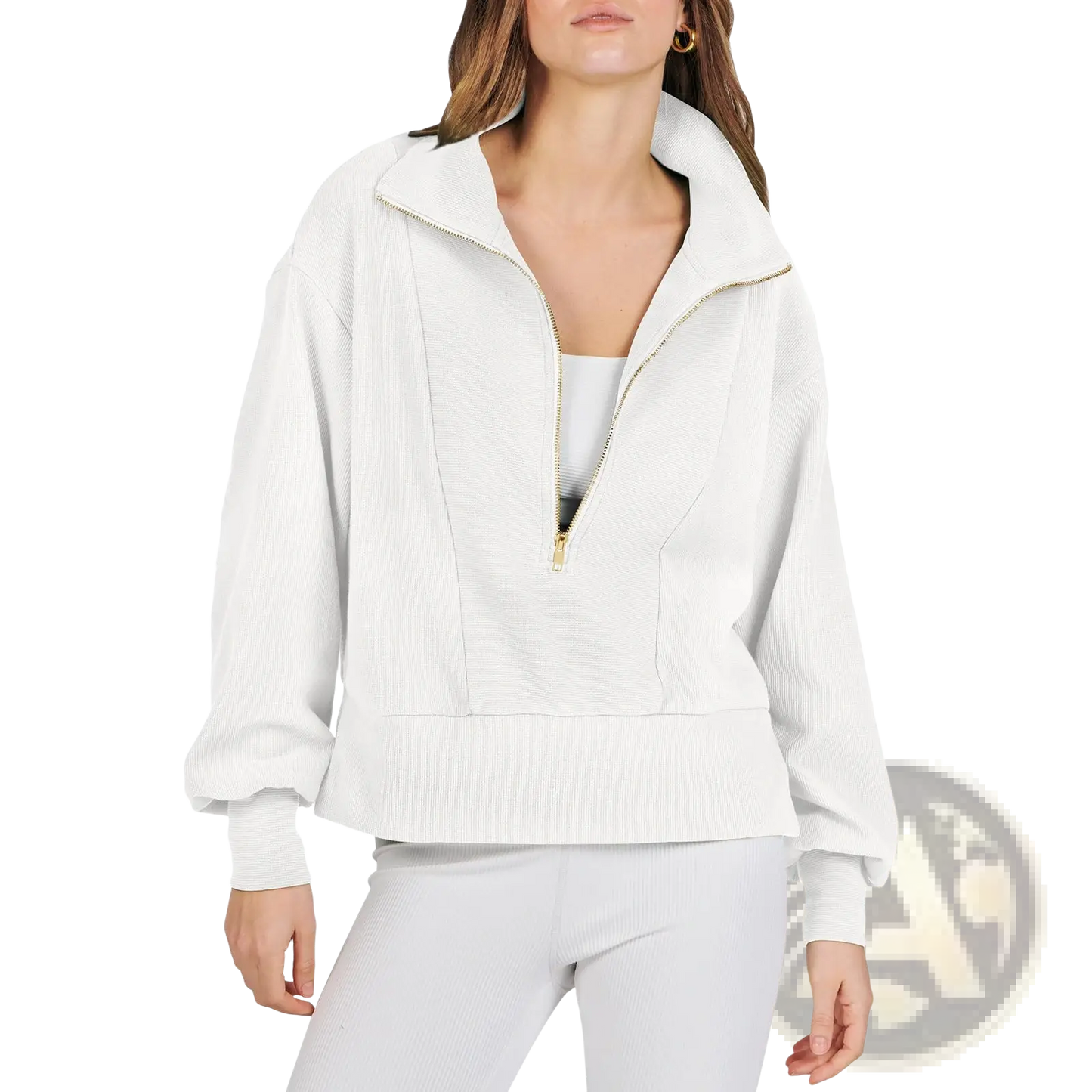 Ribbed Half Zip Pullover Sweatshirt with Gold Accents