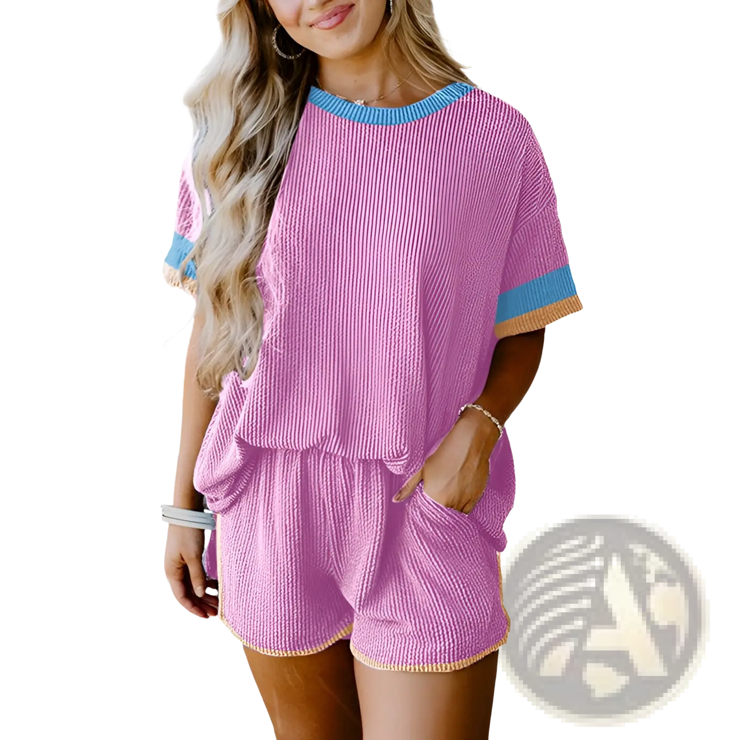 Ribbed Knit Contrast Trim Two Piece Lounge Set