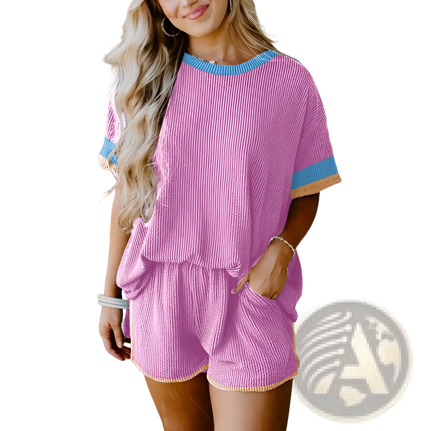 Ribbed Knit Contrast Trim Two Piece Lounge Set