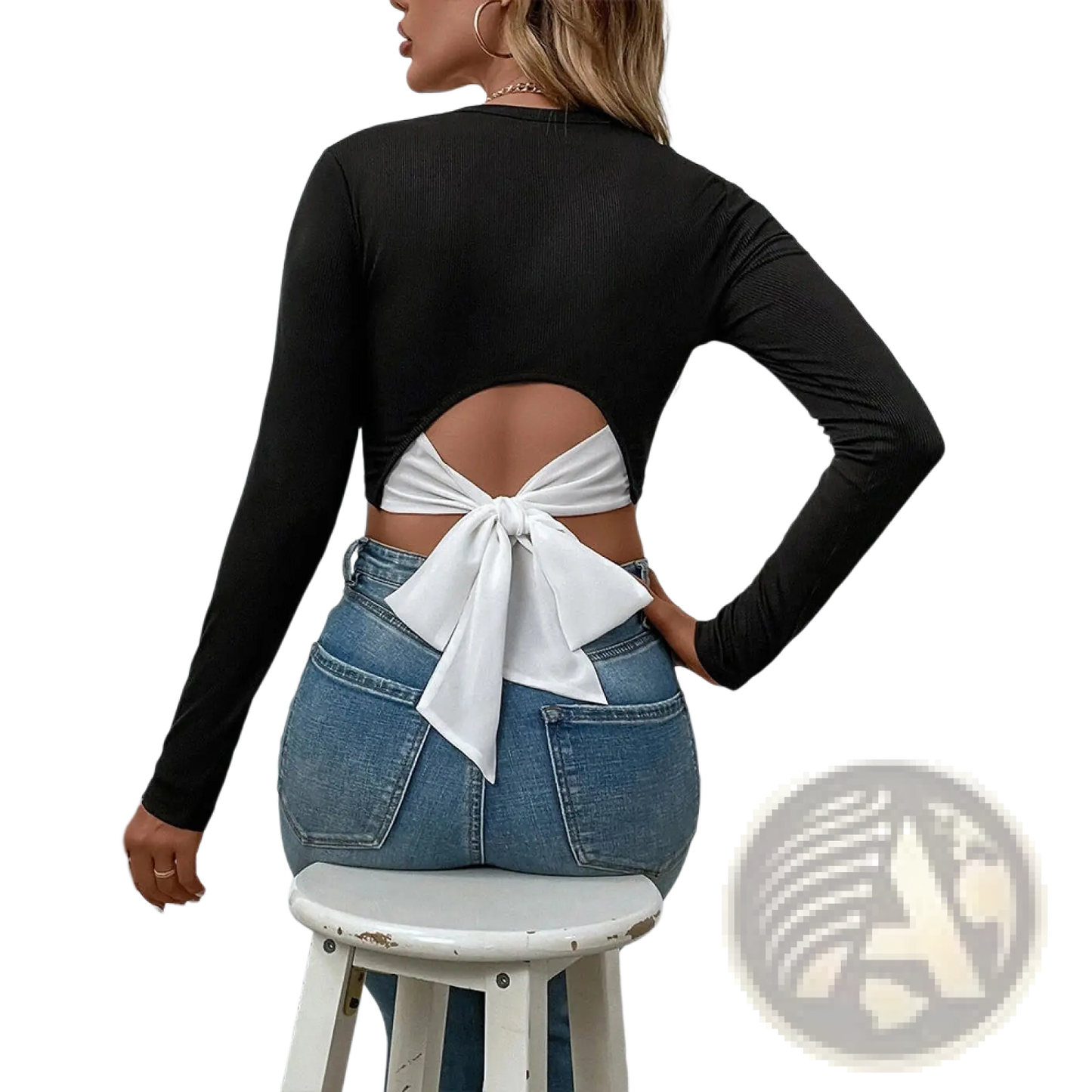 Ribbed Long Sleeve Crop Top with Back Satin Bow