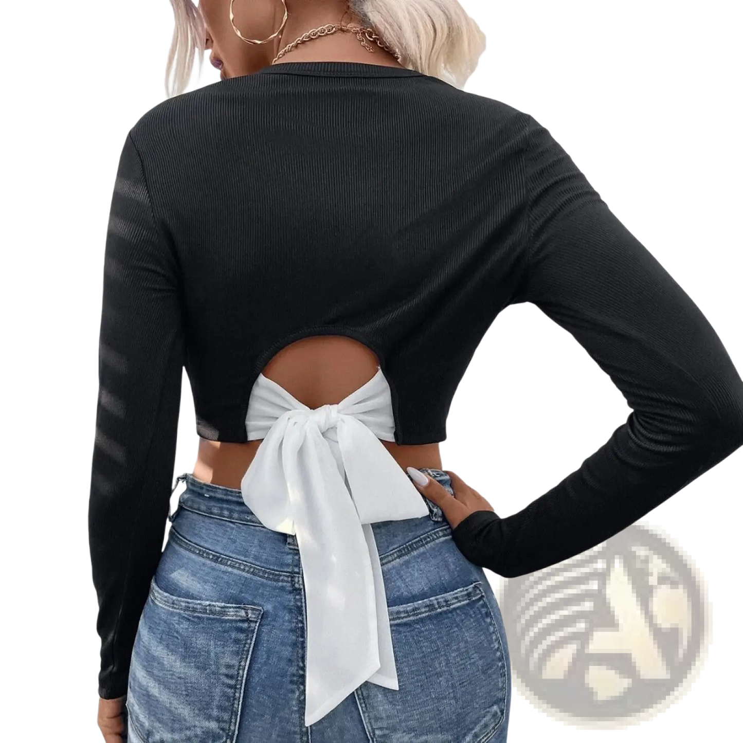 Ribbed Long Sleeve Crop Top with Back Satin Bow