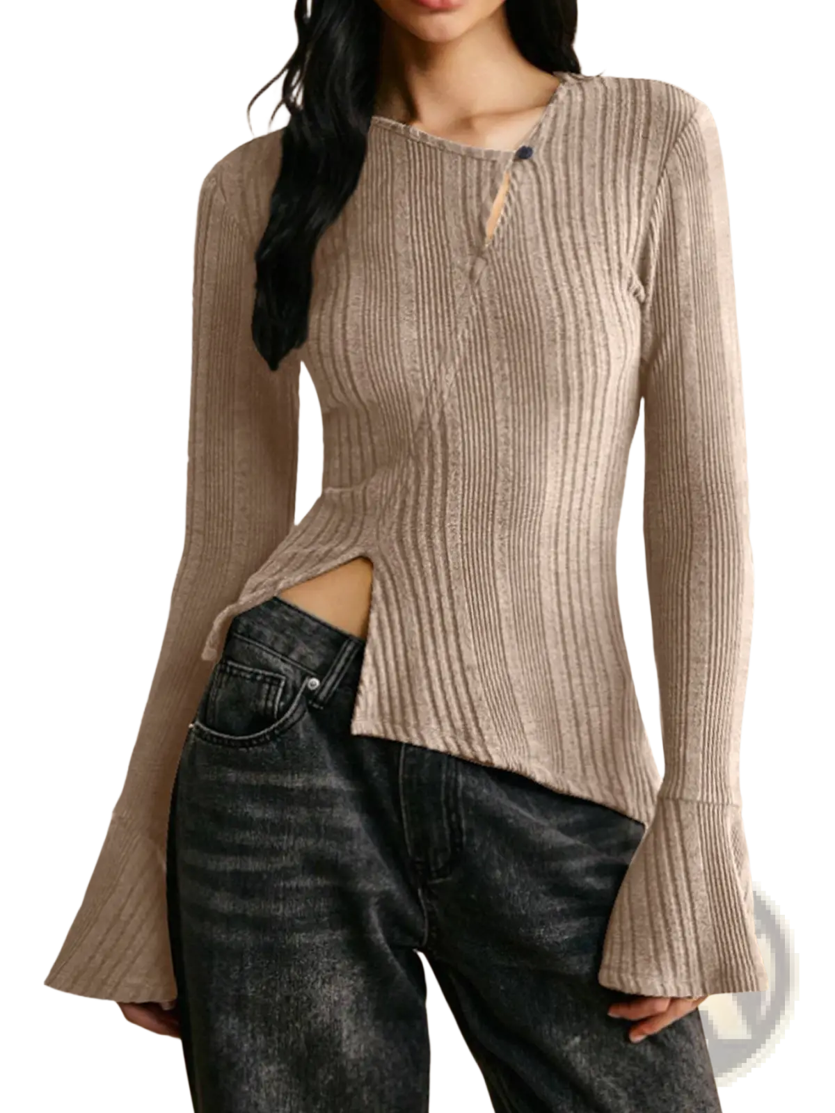 Ribbed Long Sleeve Cutout Top with Flared Hem